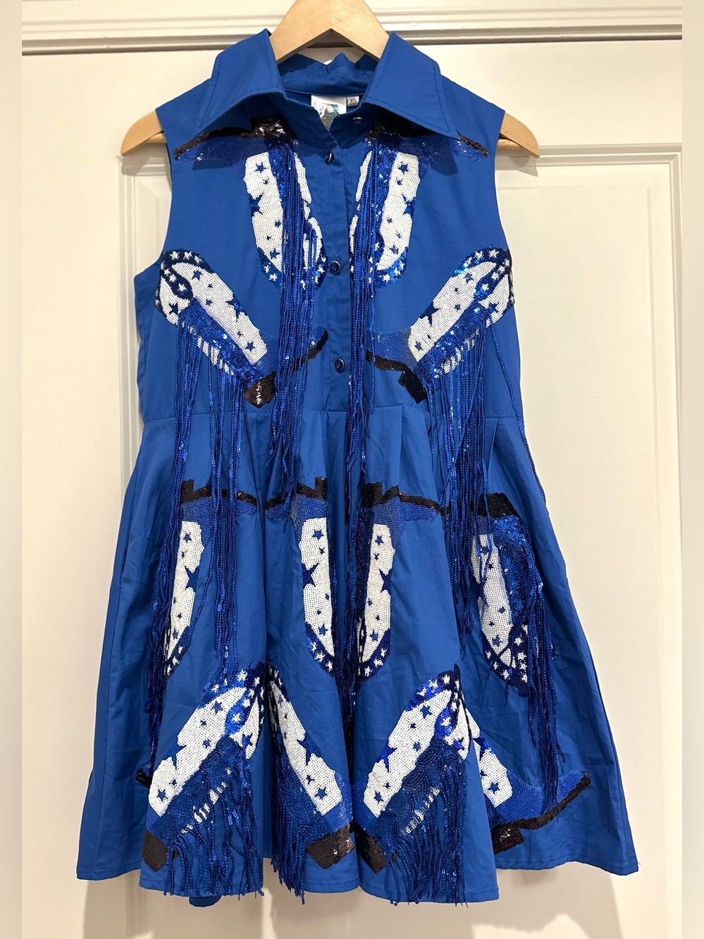 Queen of Sparkles Fringe Boot Dress in Royal Blue with Blue Fringe. Size XS
